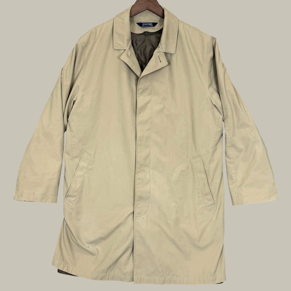 Stafford Car Coat Men M Tan Quilted Lined Trench Style Cotton Blend Overcoat